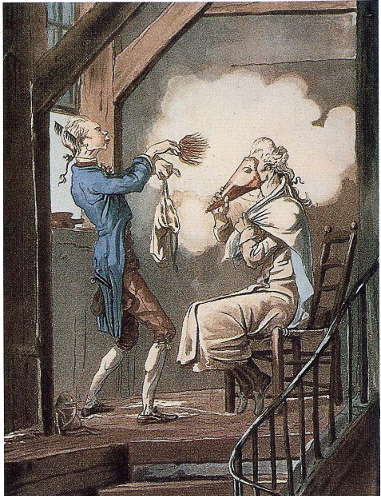 A gentleman being powdered by his valet. A cone protects the gentleman’s face during the process. Powder was made from starch, often wheat flour, or powdered white clay. The Toilette of the State Prosecutor’s Clerk, c. 1768 by Carle Vernet.