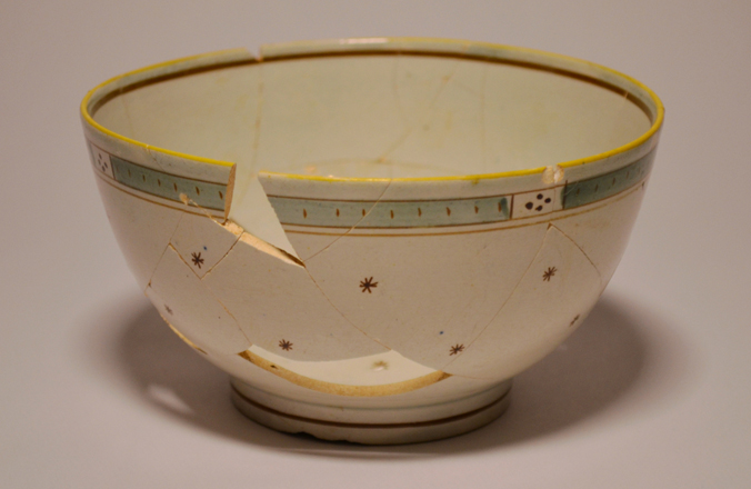 Pearlware waste or ‘slop’ bowl. Hand painted. Made in England between 1795 and 1830. This bowl would have been used during the tea ceremony as a receptacle for spent tea leaves or unwanted cold tea before refilling a cup with hot tea.