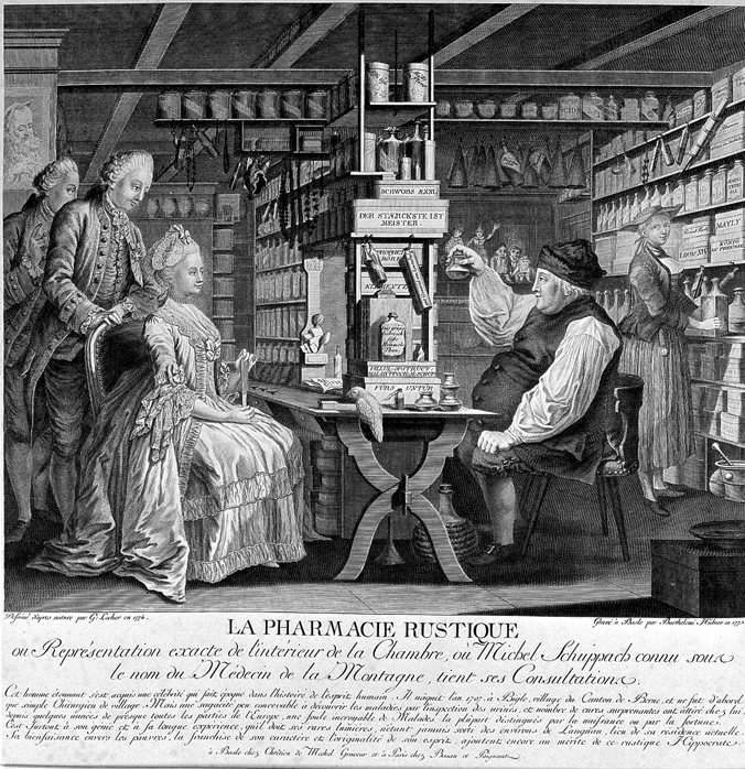 Michel Schuppach in his pharmacy examining a young woman's urine who is seated opposite him awaiting the result. Line engraving by B. Hübner, 1775, after G. Locher, 1774