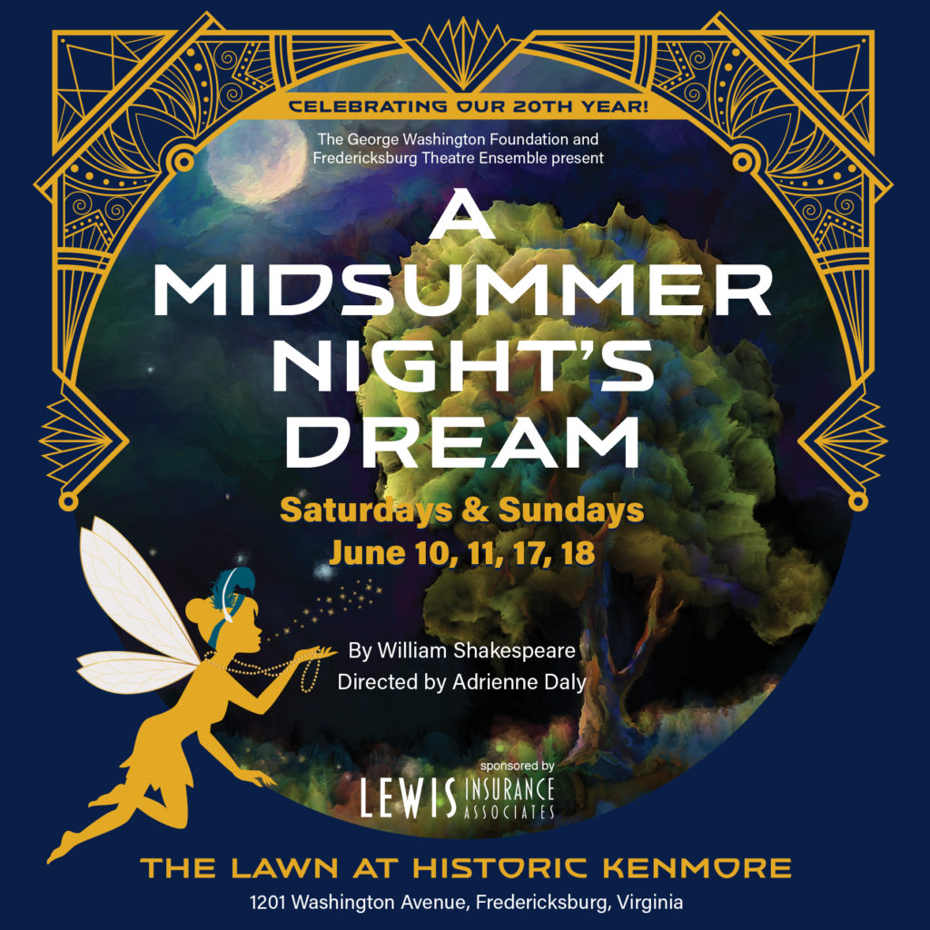 Advertisement for Shakespeare's A Midsummer Night's Dream held on the second and third weekends of June. 