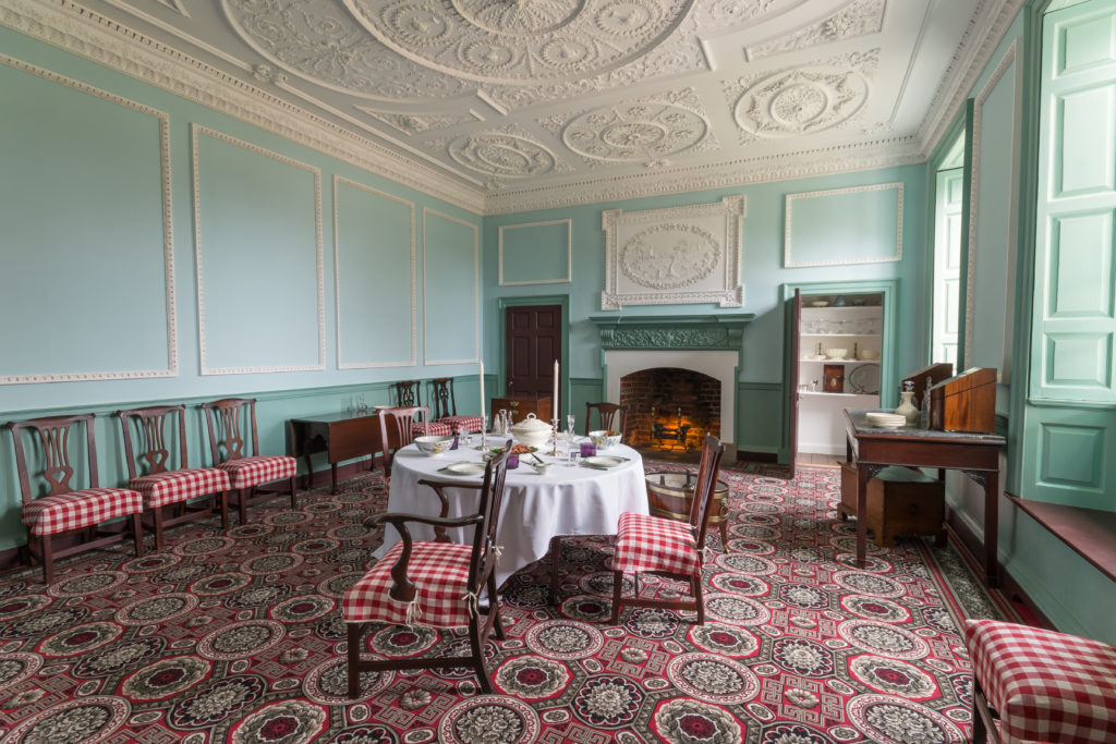 Dining room of Historic Kenmore with elaborate plaster ceiling