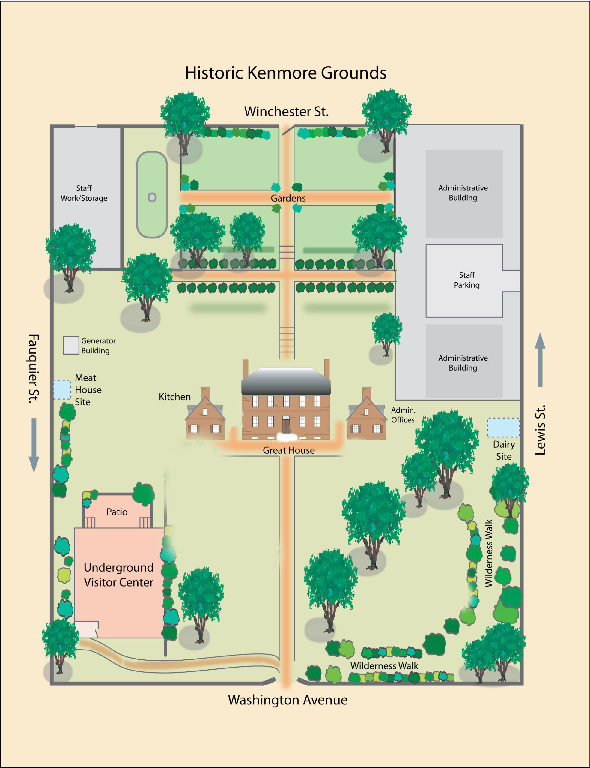 Map of Historic Kenmore Property with main house, kitchen and admin offices in the center, gardens on Winchester Street and Visitor Center at the corner of Washington Ave and Fauquier Street