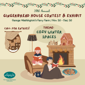 Two kids reading in front of a cozy holiday fireplace with text describing general details of the Gingerbread House contest.